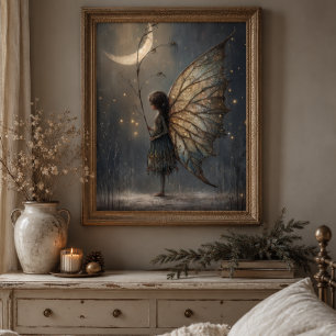 Poster Arte Aquarela de Fada Encantada da Floresta ao Lua