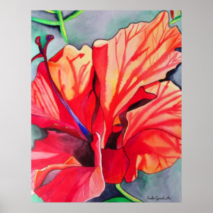 Póster Arte aquarela de flor tropical Red Hibiscus