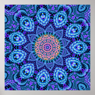 Póster Arte azul ornamentado do caleidoscópio das