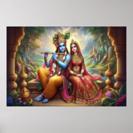 Poster Arte Blue Krishna: Radha & Deity Flute, Deus India