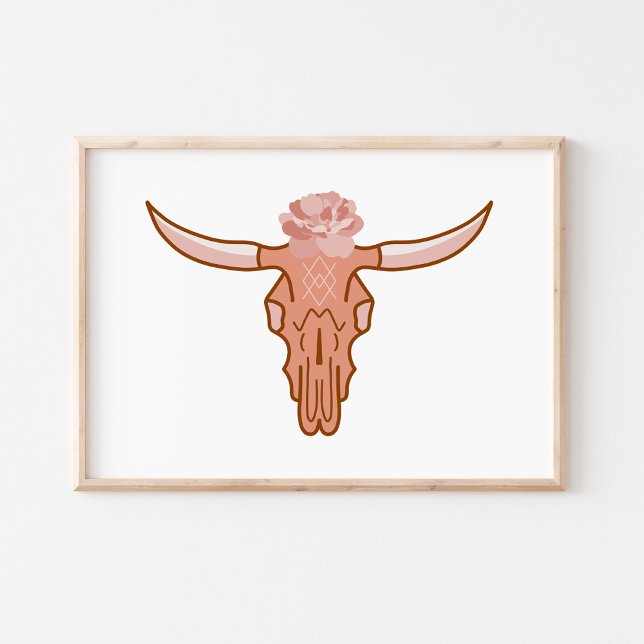Poster Arte Boho de Crânio de Vaca com Floral Moderno (Criador carregado)