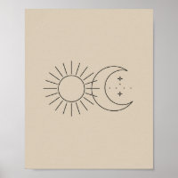 Arte Boho Minimalista do Sol e da Lua em Linhas