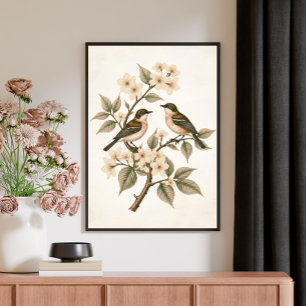 Poster Arte Botânica de Flores e Pássaros Vintage