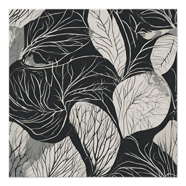 Póster Arte Botânica de Folhas em Preto e Branco (Frente)