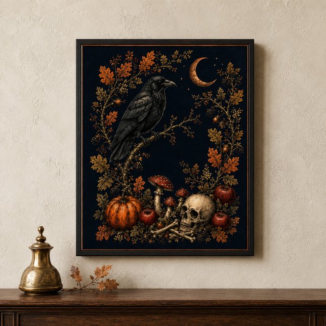 Poster Arte Botânica de Parede de Corvo de Samhain Vitori (Victorian Samhain Raven Botanical Wall Art)