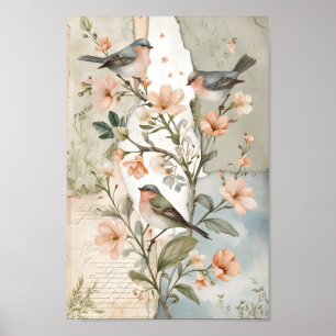 Poster Arte Botânica de Pássaros Decoupage Vintage Shabby