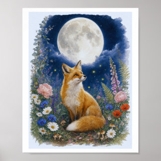 Poster Arte Botânica em Aquarela de Raposa na Floresta ao
