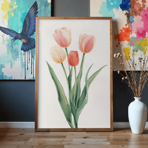 Poster Arte Botânica em Aquarela de Tulipas Pastel para P