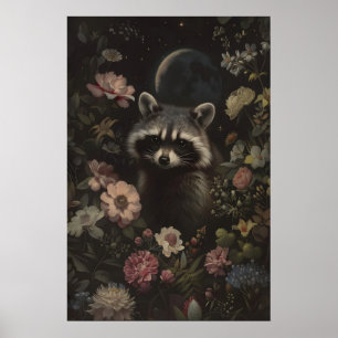 Poster Arte Botânica Escura de Guaxinim Fofo Imprimível F