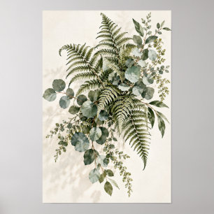 Poster Arte Botânica Minimalista de Eucalipto e Samambaia