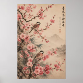 POSTER ARTE BOTÂNICA ROSA INSPIRADA NO JAPONÊS