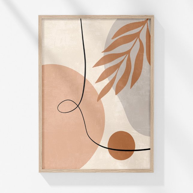 Poster Arte Botânico Abstrato em Linha Boho Neutra para P (Boho Muted Neutral Abstract Botanical Wall Art in a wooden frame on a sunny white wall.)