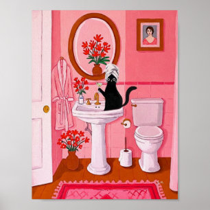 Poster Arte Caprichosa de Gato Preto para Banheiro – Femi