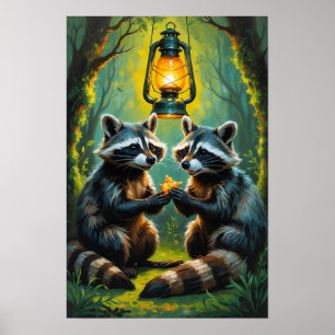 Poster Arte caprichosa do bosque com guaxinins fofos segu