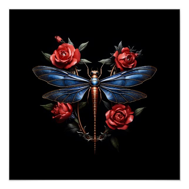 Póster Arte cativante: Dragonfly Metálica com Rosas verme (Frente)