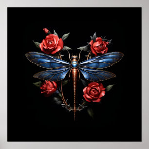 Poster Arte cativante: Dragonfly Metálica com Rosas verme