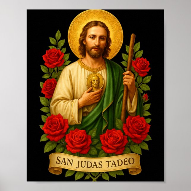Poster Arte Católica de São Judas Tadeu com Rosas Vermelh (Frente)