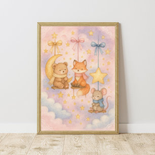 Poster Arte Celestial para Berçário com Animais da Flores