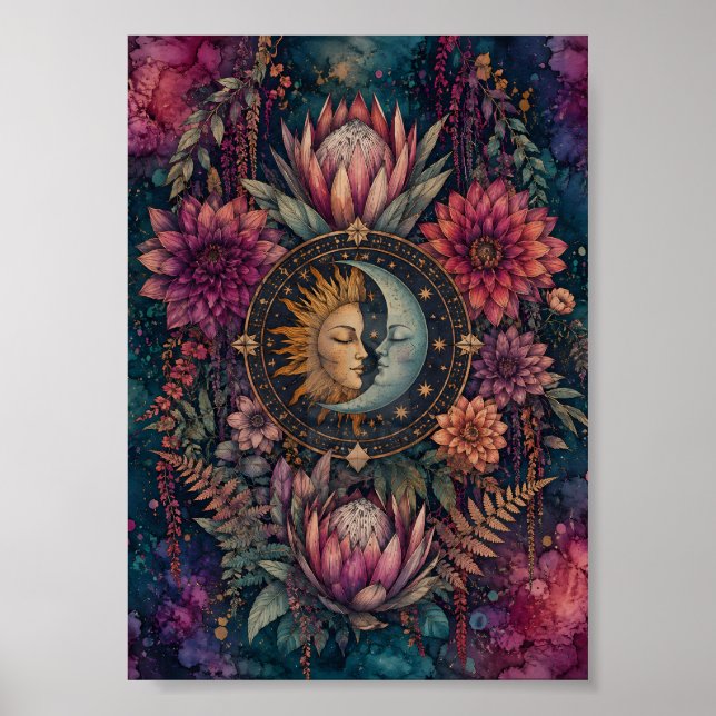 Poster Arte Celestial Whimsigoth do Sol e da Lua Floral (Frente)