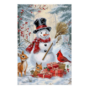 Póster Arte Clássica de Snowman e Woodland Amigos de Nata