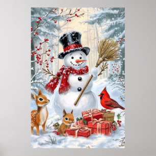 Poster Arte Clássica de Snowman e Woodland Amigos de Nata