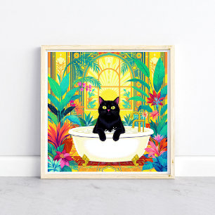 Poster Arte Colorida Art Déco de Gato Preto na Banheira