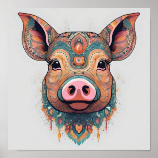 Poster Arte colorida boêmia de porco caprichosa para pare