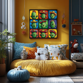 Poster Arte Colorida de Cacto Sorridente em Grade para Qu