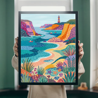 Poster Arte Colorida de Farol Costeiro em Tela de Praia