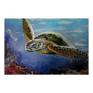 Póster Arte Colorida de Tartaruga Marinha para Decoração