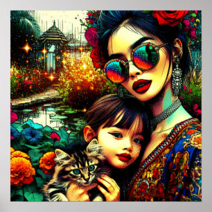 Poster Arte Colorido Mãe e Filha Jardim de Flores Asiátic
