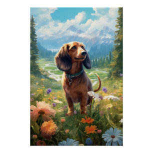 Póster Arte Contemporânea Dachshund Com Flores Sorrentes