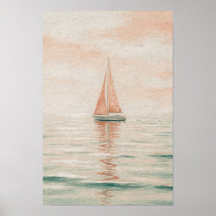 Poster Arte Costeira de Barco à Vela em Coral e Vidro do