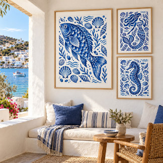 Poster Arte Costeira de Peixe Azul Grego