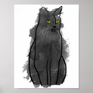 Póster Arte da aguarela do gato preto, decoração do gat