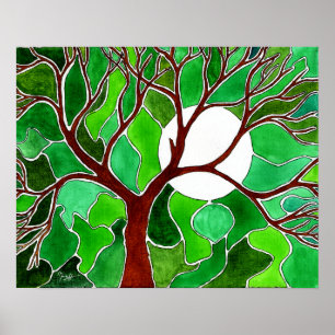 Poster Arte da árvore e da lua em canvas - verde