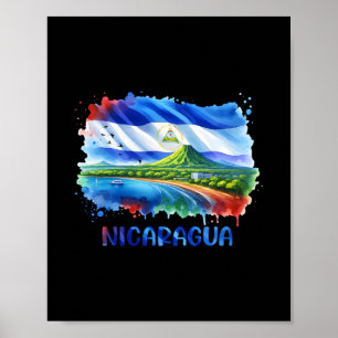 Poster Arte da Bandeira da Nicarágua Cenário Vulcão E Cos
