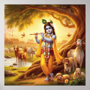 Poster Arte da Cena Pastoral da Flauta de Krishna Serena