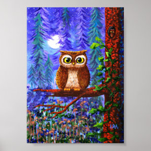 Póster Arte da Coruja Caprichosa Floresta Luar Creationar