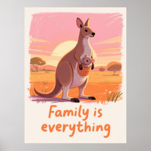 Poster Arte da Família de Canguru Quente ao Pôr do Sol