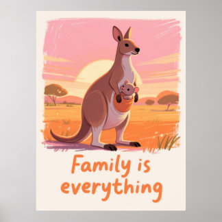 Poster Arte da Família de Canguru Quente ao Pôr do Sol