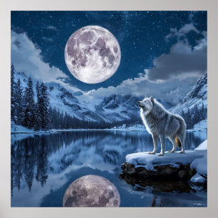 Poster 🌕 Arte da Floresta Noturna da Lua Uivante do Lobo