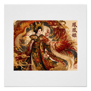 Póster Arte da Gésa Fênix Japonesa   Design de Mitologia