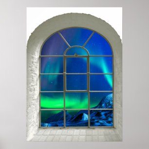 Poster Arte da janela do falso da aurora boreal de