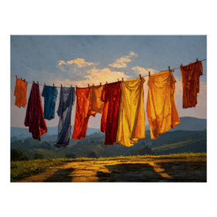 Póster Arte da Linha de Lavanderia do Pôr do Sol Dourado