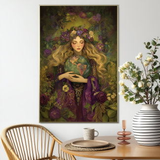 Poster Arte da Mãe Terra Gaia Floral Roxo Verde