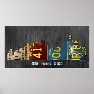 Póster Arte da matrícula da skyline da cidade de Detroit