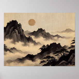 Poster Arte da Montanha de Pinheiro Nebulosa Wabi Sabi