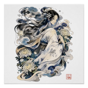 Póster Arte da Mulher de Neve Japonesa Yokai de Inverno