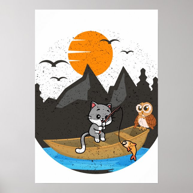 Poster Arte da Natureza com Barco de Pesca de Gato Fofo e (Frente)